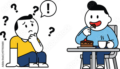 Cartoon characters in café scene, confused and happy expressions, coffee and cake illustration, social interaction concept, communication and idea moment