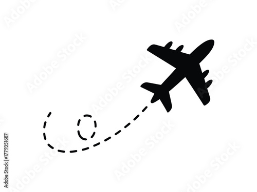 A silhouette of an airplane leaving a dotted flight path behind it.