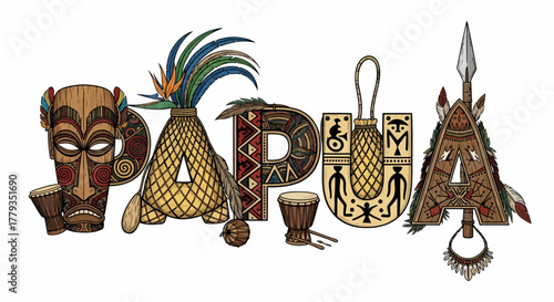 Decorative Papua lettering with tribal masks drums and spears illustration