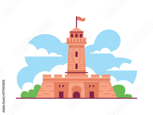 A stylized illustration of the ancient Lighthouse of Alexandria stands tall against a blue sky with clouds.