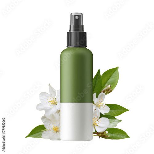 Natural Green Spray Bottle Next to Fresh White Flowers and Green Leaves in a ...