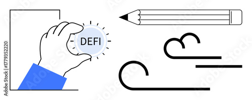 Hand holding DeFi coin, sharp pencil emphasizing focus, and abstract wind lines suggesting motion and innovation. Ideal for creativity, finance, progress, technology, design, strategy efficiency