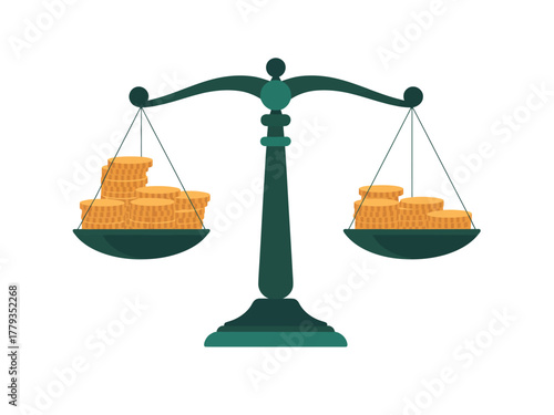 A balance scale weighs piles of gold coins, representing financial balance and economic concepts.