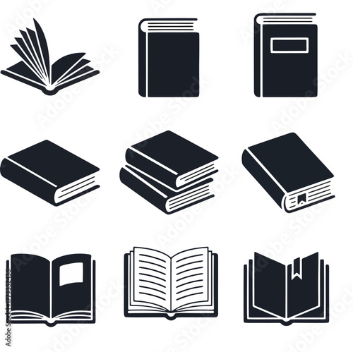 Monochrome book icons set in minimalist line and solid styles—closed, open, stacked—ideal for apps, websites, school materials, and editorial graphics.