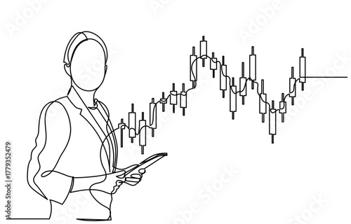 Continuous one line drawing of a businesswoman holding a tablet, analyzing a financial
candlestick chart. Concept of stock market trading, investment, and data analysis. Vector art
illustration.