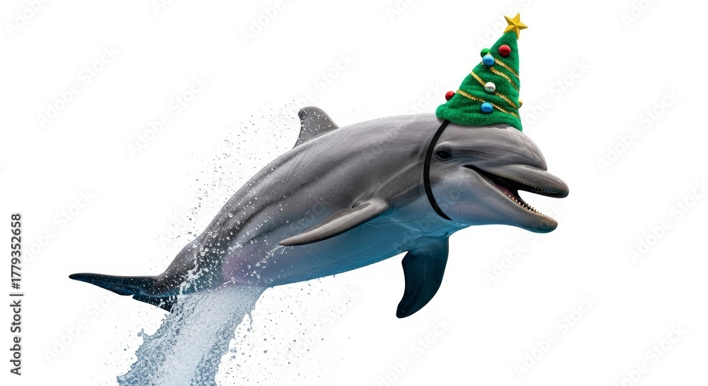 Fototapeta premium dolphin wearing a Christmas tree hat, holiday animal graphic, on a white background