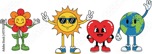 Cartoon characters set with flower, sun, heart, and globe, cheerful smiling faces, cute illustration, positive nature and environment theme