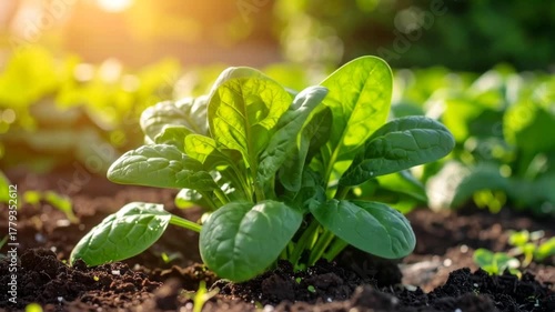 A healthy spinach plant thrives in rich soil, illuminated by the sun's warm, inviting light