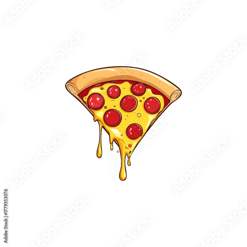 Flat Design Pepperoni Pizza Slice Illustration – Dripping Cheese Cartoon Icon