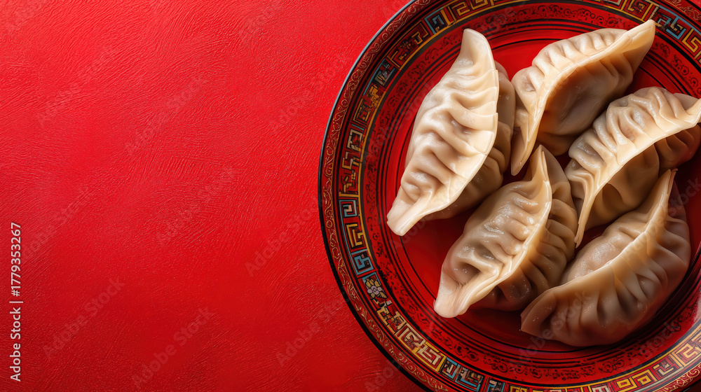 Naklejka premium Dumplings arranged on a red plate ready to eat