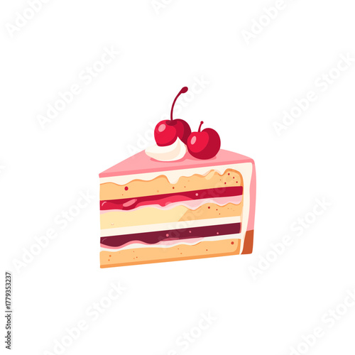 Flat Design Strawberry Cake Slice Illustration – Cherry Cream Minimal Dessert Icon