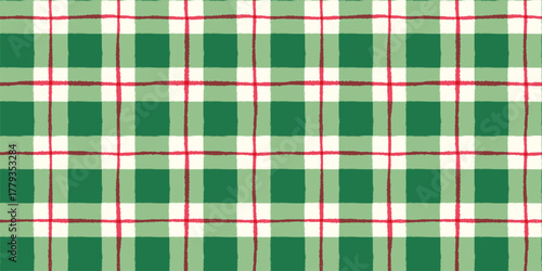 Hand Painted Green and Red Christmas Check Seamless Vector Pattern, Cute Wavy Plaid Background for Holiday Designs