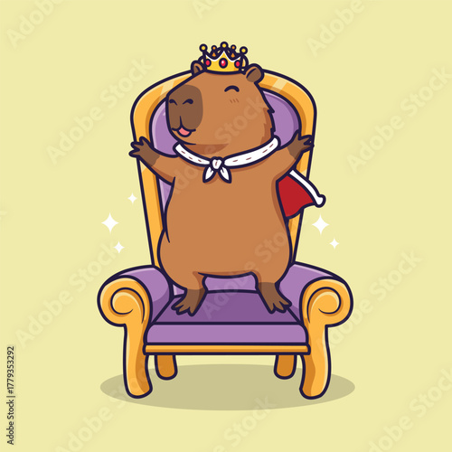 Cute Capybara Wearing Crown Sitting on Royal Throne .  Vector Illustration 