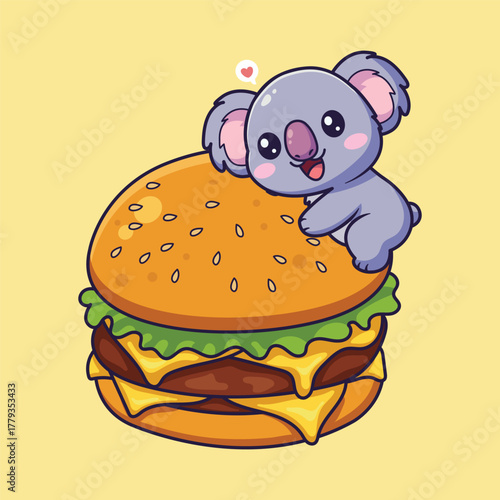 Cute Koala Hugging Giant Cheeseburger with Heart Bubble . Whimsical Vector Illustration for Food and Animal Themes