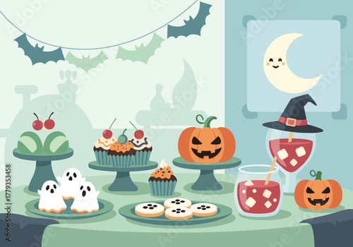 Halloween party table with spooky treats and festive decorations in a playful atmosphere