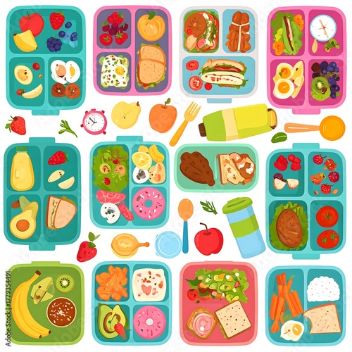 Assorted vibrant, colorful, and healthy lunchbox food arrangements