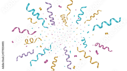 Celebrate with vibrant, swirling confetti and streamers bursting with festive joy for your special event or product launch, creating an instant party atmosphere.