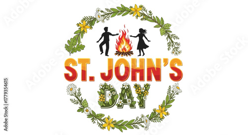 Vector illustration St. John's Day celebration floral wreath bonfire couple