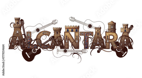 Illustration lettering alcantara architecture with guitars and musical instrument decorative