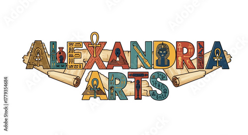 Illustration Alexandria Arts logo with Egyptian hieroglyphs and papyrus scrolls