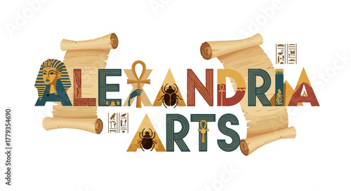 Flat vector Alexandria arts featuring Egyptian symbols and ancient scrolls