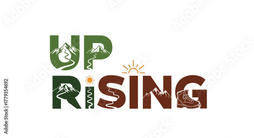 Illustrated up rising word art with mountain and boot graphics