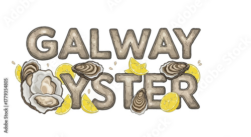 Illustration Galway Oyster text with fresh seafood and lemon slices