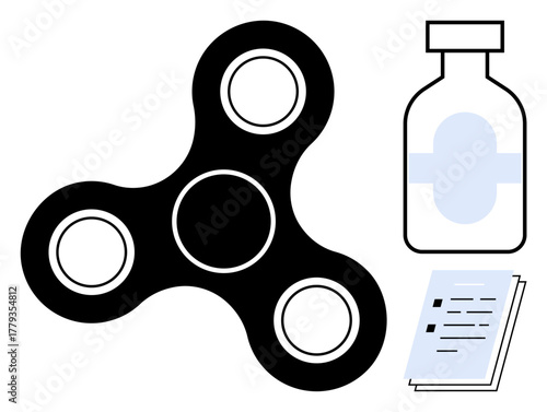 Fidget spinner, medicine bottle, and documents suggesting focus, stress relief, health management, productivity, therapy, mindfulness and education. Ideal for mental health and balanced living