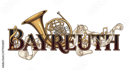 Illustration featuring musical instruments and notes forming word Bayreuth