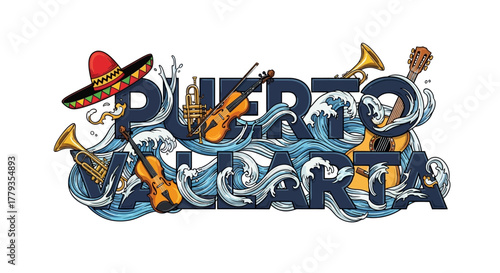 Illustration puerto vallarta text with musical instruments and ocean waves