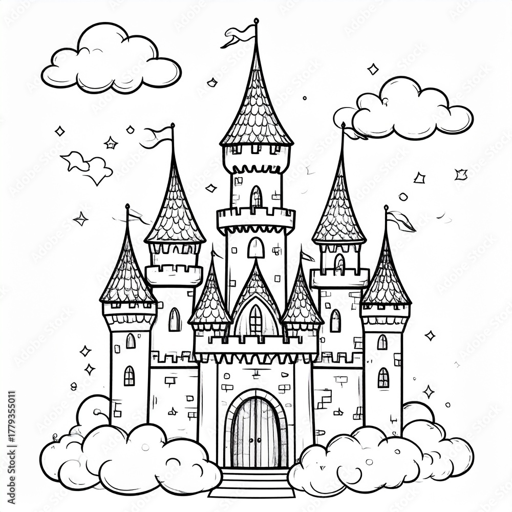 Obraz premium Fantasy castle with towers and clouds, magical doodle style