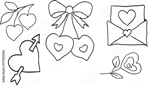 Outline drawings of various heart symbols for love and romance