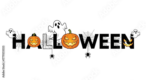 Flat vector Halloween text design with pumpkins ghosts and spiders