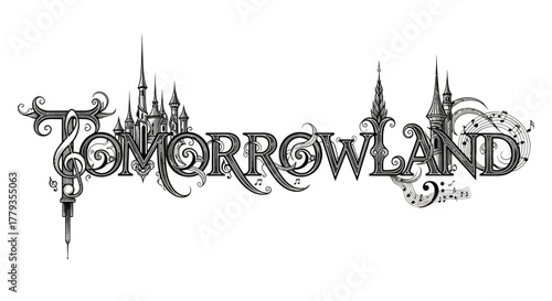 Decorative illustration Tomorrowland typography with fantasy castle and music notes design
