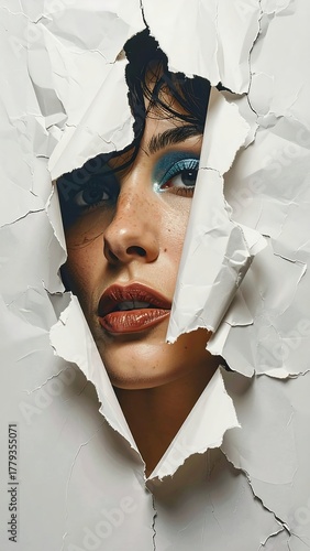 A woman's face peeks through torn paper. Dramatic makeup is visible
