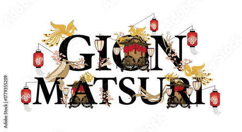 Illustration Gion Matsuri festival lettering decorated with phoenix and lanterns