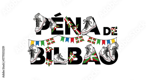 Illustration Bilbao sneakers with basque flags and garland decoration art