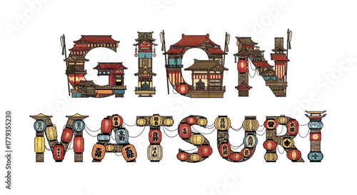 Vector graphic gion matsuri kyoto festival name buildings lanterns illustration