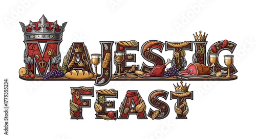 Illustration majestic feast decorated letters with food and royal elements