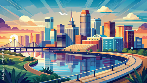 Very beautiful downtown New Orleans, Louisiana, USA skyline viewed from the Crescent City Connection Bridge, with high-rise buildings reflecting on the Mississippi River under clear sky, realistic cit