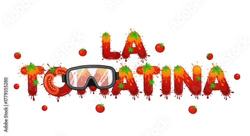 Illustration of tomato font La Tomatina festival with safety glasses