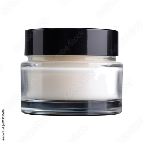 Clear Glass Jar With Creamy Cosmetic Product on White Background for Skincare...