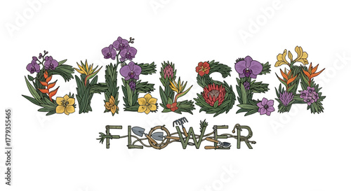 Floral lettering art Chelsea Flower title illustration design art