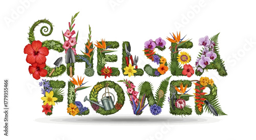 Floral typography illustration chelsea flower show title gardening concept
