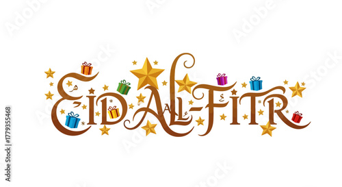 Decorative eid al-fitr text with golden stars and gift boxes