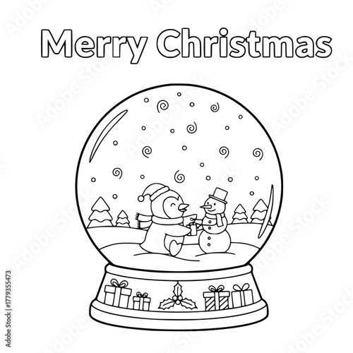 Penguin building snowman inside Christmas snow globe with “Merry Christmas,” coloring book page for toddlers Generative AI