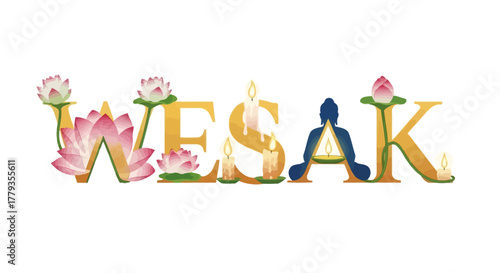 Vector graphic Wesak lettering with lotus flowers and candles design