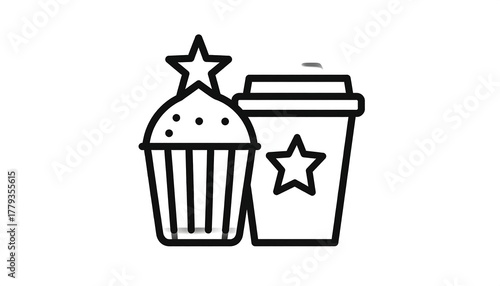 Black and white illustration cupcake with star and coffee cup