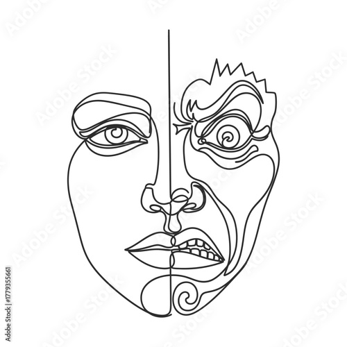 Expressive line art face showcasing emotional duality and modern minimalist design, perfect for artistic projects or conveying complex feelings with abstract style