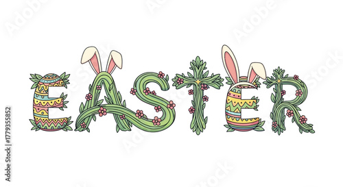Flat vector Easter floral lettering decorated with flowers and bunny ears